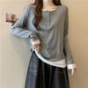 Real shot cotton loose long-sleeved T-shirt women's season versatile fake two-piece design niche top