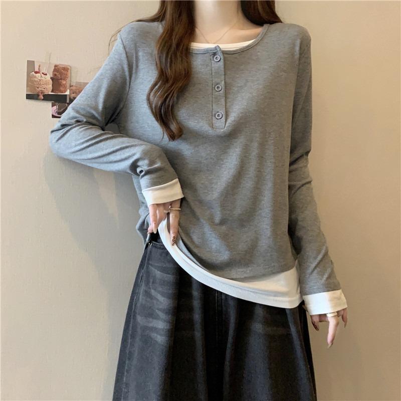 Real shot cotton loose long-sleeved T-shirt women's season versatile fake two-piece design niche top