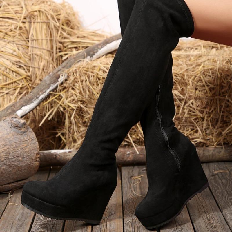 

Модные осенние новые высокие сапоги женские с круглым носком из замши с боковой молнией на платформе нескользящие износостойкие плиссированные ботильоны на танкетке 36