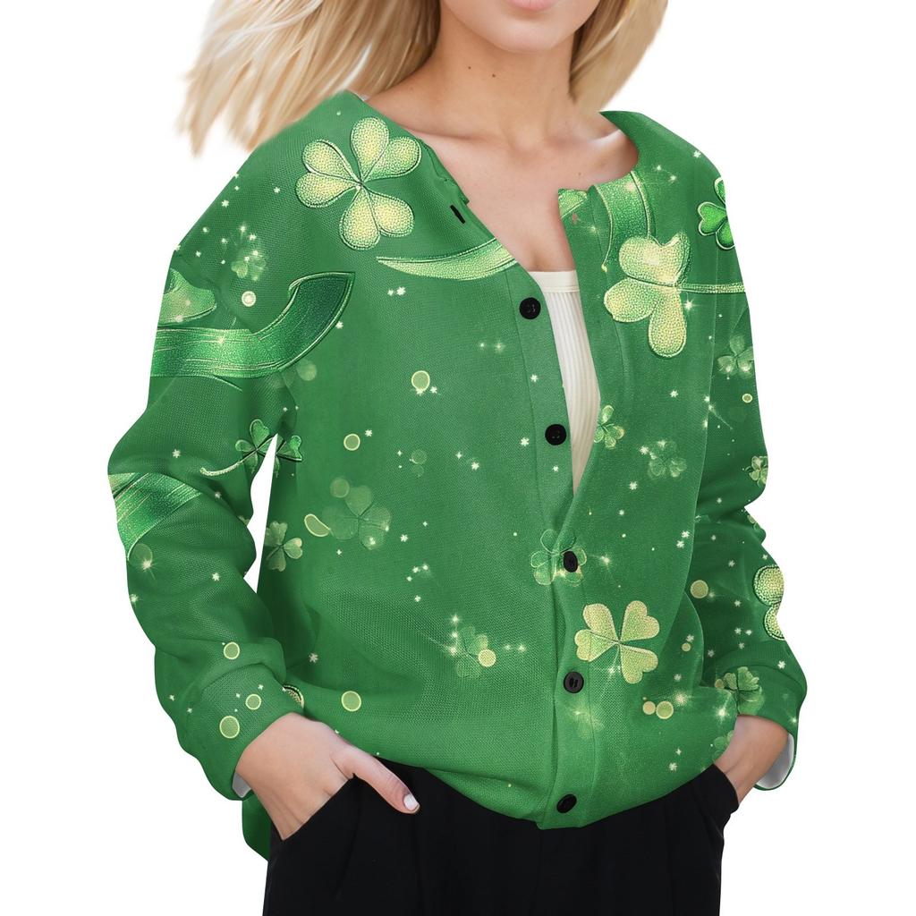 Women's Stylish St. Patrick Print Long Sleeve  Fleece Cardigan Button Jacket