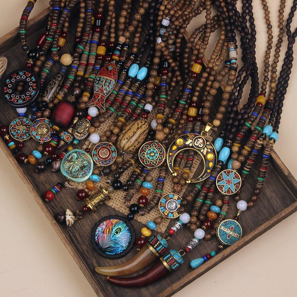 Originální etnický retro dlouhý řetízek na svetr, Nepálské vintage doplňky, Tibetský styl, Literární a univerzální náhrdelník pro muže a ženy