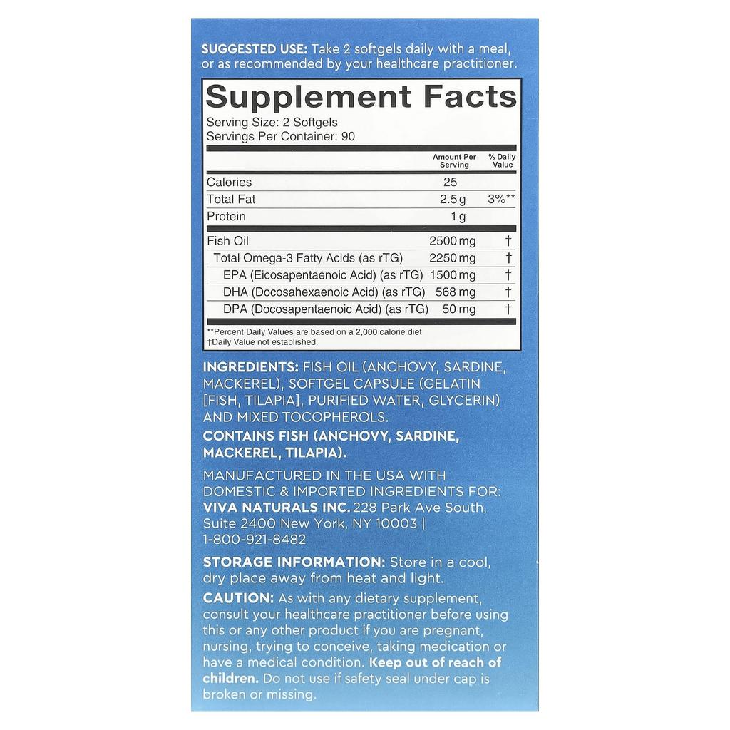 Viva Naturals Omega-3 Fish Oil, Triple Strength, 2,500 Mg, 180 Softgels (1,250 Mg Per Softgel)