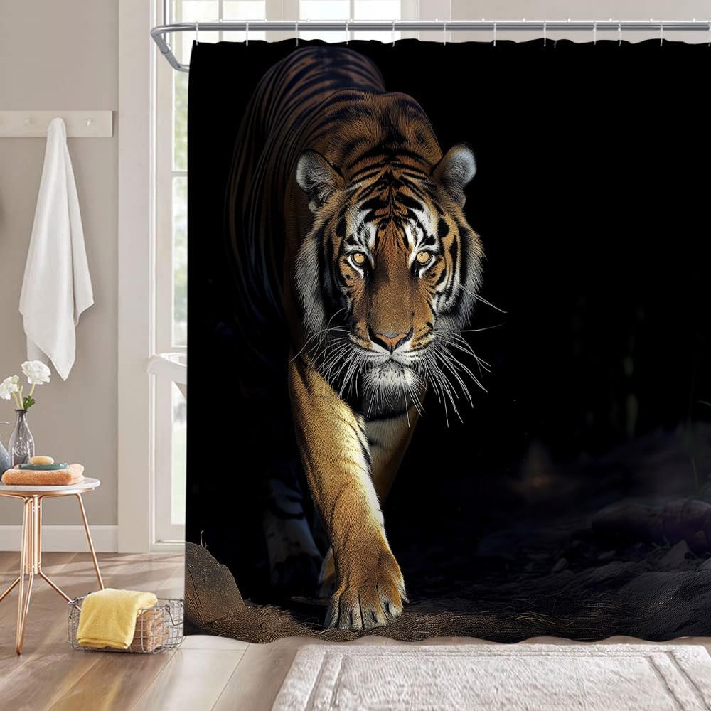 Tiger Shower Curtain Cool Powerful Animals Big Cat Wild Animal Asian Bathroom Decor Curtain with Hooks,Black Brown