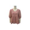 Women Casual Summer Short Sleeve V Neck Blouse Shirt Pink Cotton Linen
