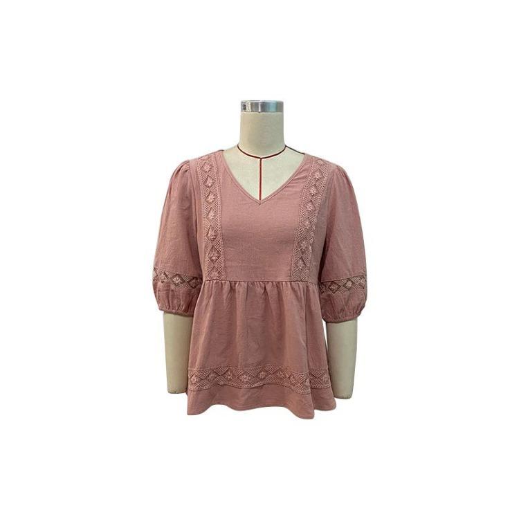 Women Casual Summer Short Sleeve V Neck Blouse Shirt Pink Cotton Linen