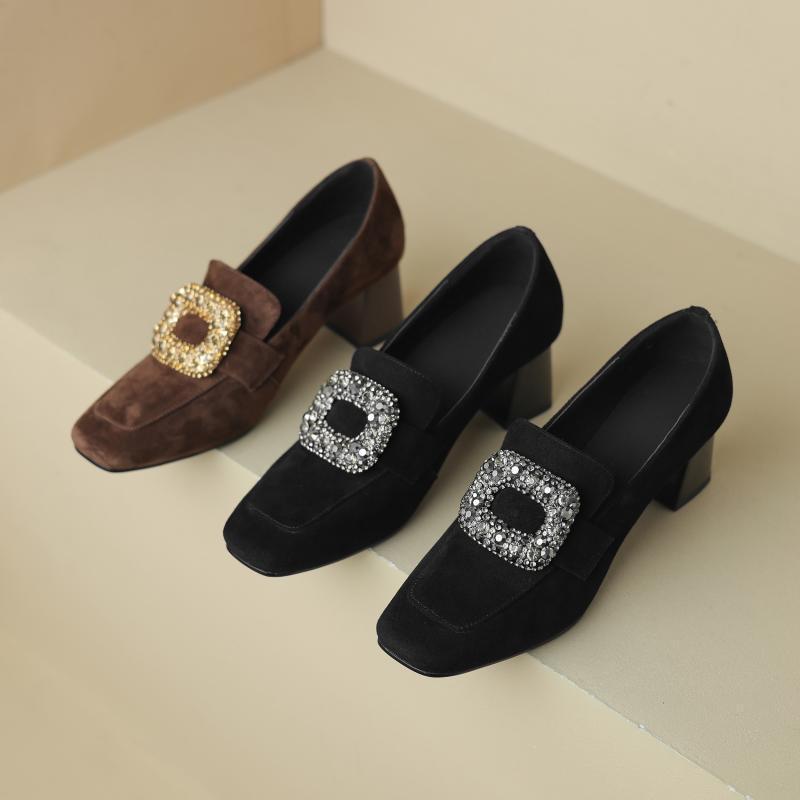 Spring 2025 New Single Shoes Square Head Thick Heel Rhinestone Versatile Commute To Work Occupation Daily Foot Cover Women's Loafers