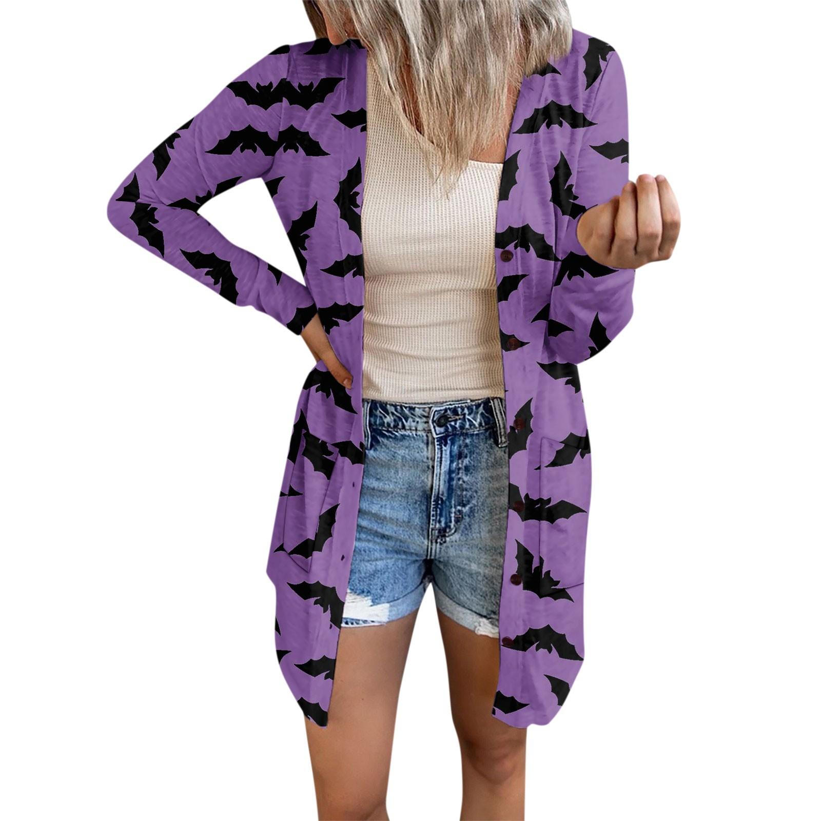 

Женский повседневный кардиган, топ с длинными рукавами и карманами с принтом на Хэллоуин XL фиолетовый