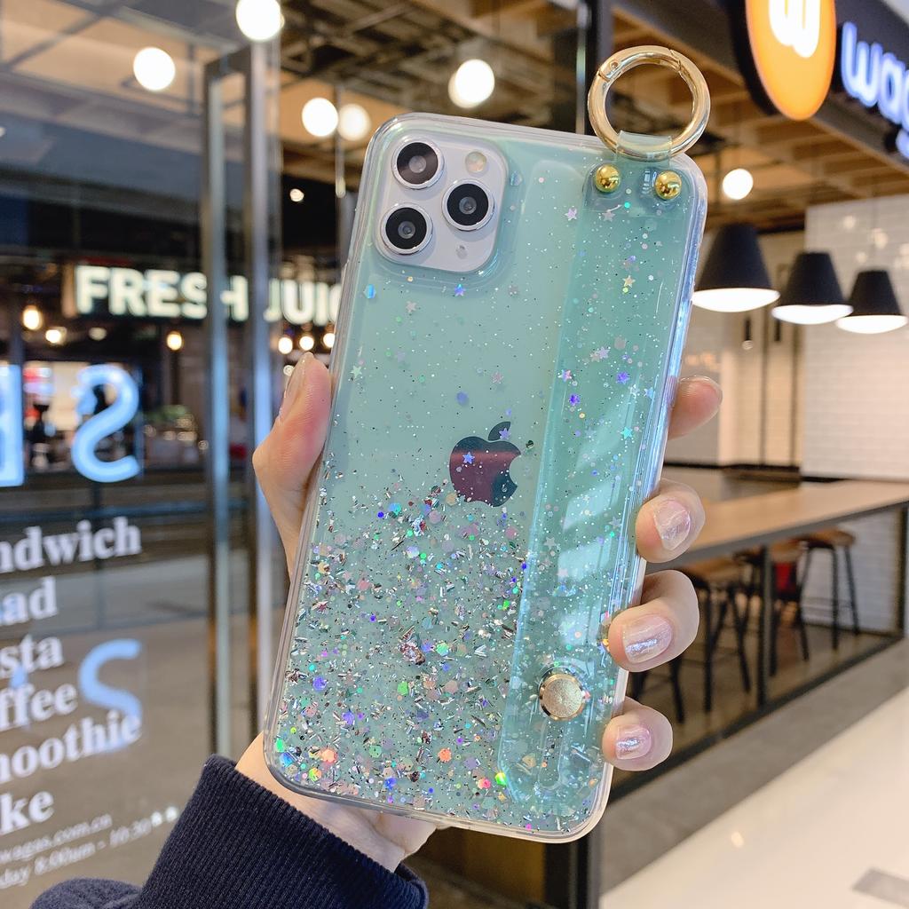 Glitter Shiny Star Sequins Wrist Strap Stand Case For iPhone 16 15 14 13 12 11 Pro Max Plus Mini XS XR X 87 Clear Silicone Cover
