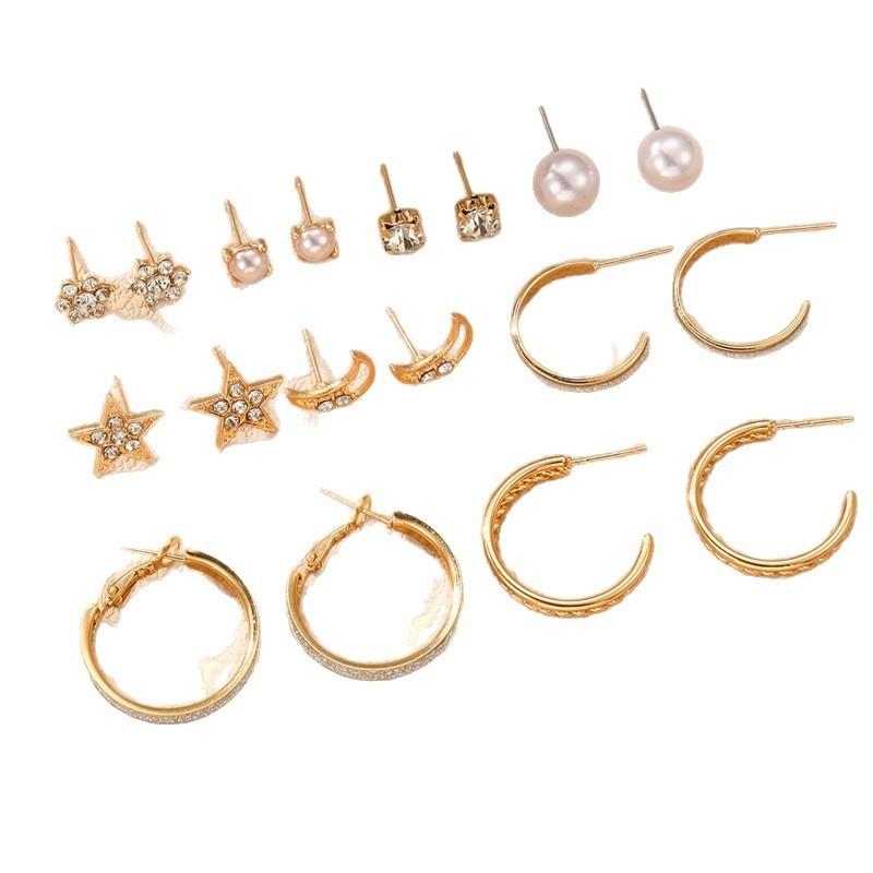 Gold Crown Star Moon Ear Studs Jewelry For Women With Floral Design