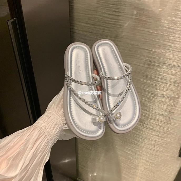 

[Су Иньинь в том же стиле] Жемчужные пуховки~ Набор страз Носок Повседневные Изысканные Сандалии на плоской подошве Женские тапочки для улицы Лето 35