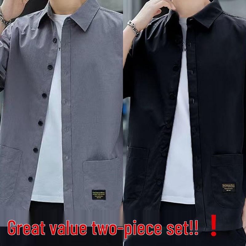 Men's Pure Cotton Seven-Sleeve Shirt - Spring/Summer Solid Color, Loose Fit, Trendy Casual Workwear with Versatile Pocket.