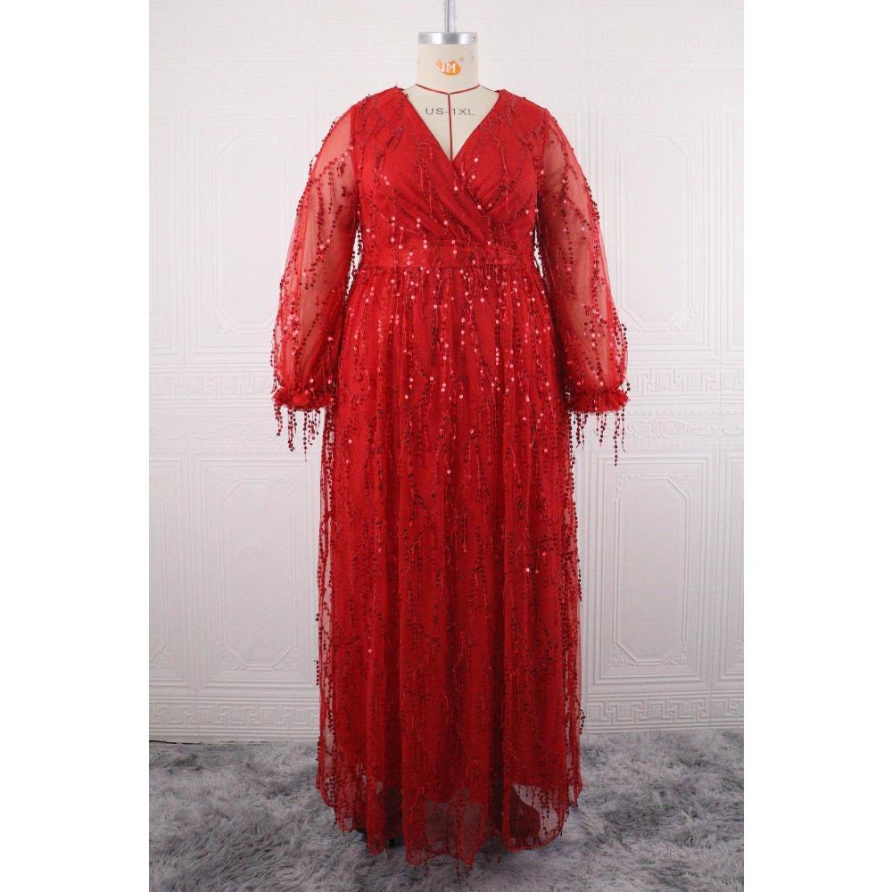 Plus Size Womens Elegant Sequined Bridesmaid Dress V-Neck Long Sleeve Slit Fitted Temperament Wedding Party Dress
