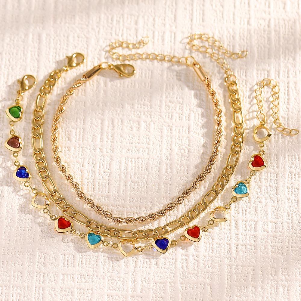3pcs Set Simple Gold Color Evil Eye Anklets Set for Women Colorful Heart-crystal Chain Multi Layer Anklet Bohemian Beach Jewelry