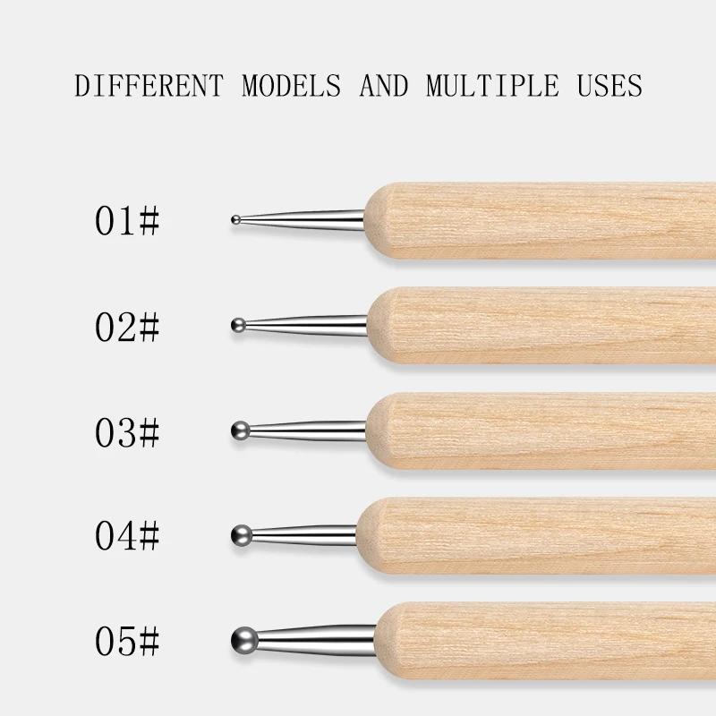 RHJB Nail Point Drill Pen Wooden Pen Bar Stirring Nail Polish Draw Five Petals Flower Polka Dot Double Head Stainless Bar Pen