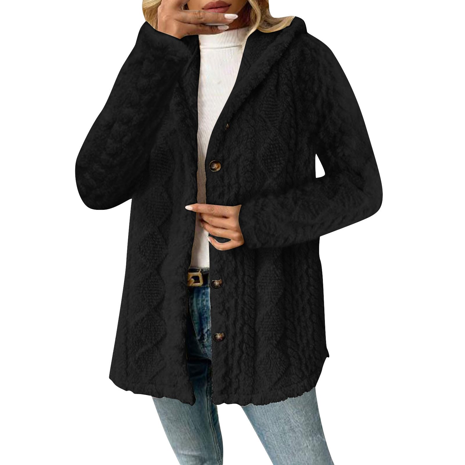 

Women s Solid Color Fashion Casual Warm Fashion Diamond Plush Hooded Cardigan Coat L чёрный