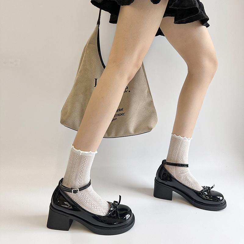 Fashion Women Shoes 2025 Spring Pumps Mary Jane Black Heels Chunky Sandals Latest Lolita Block Bow Retro Leather New Butterfly-knot