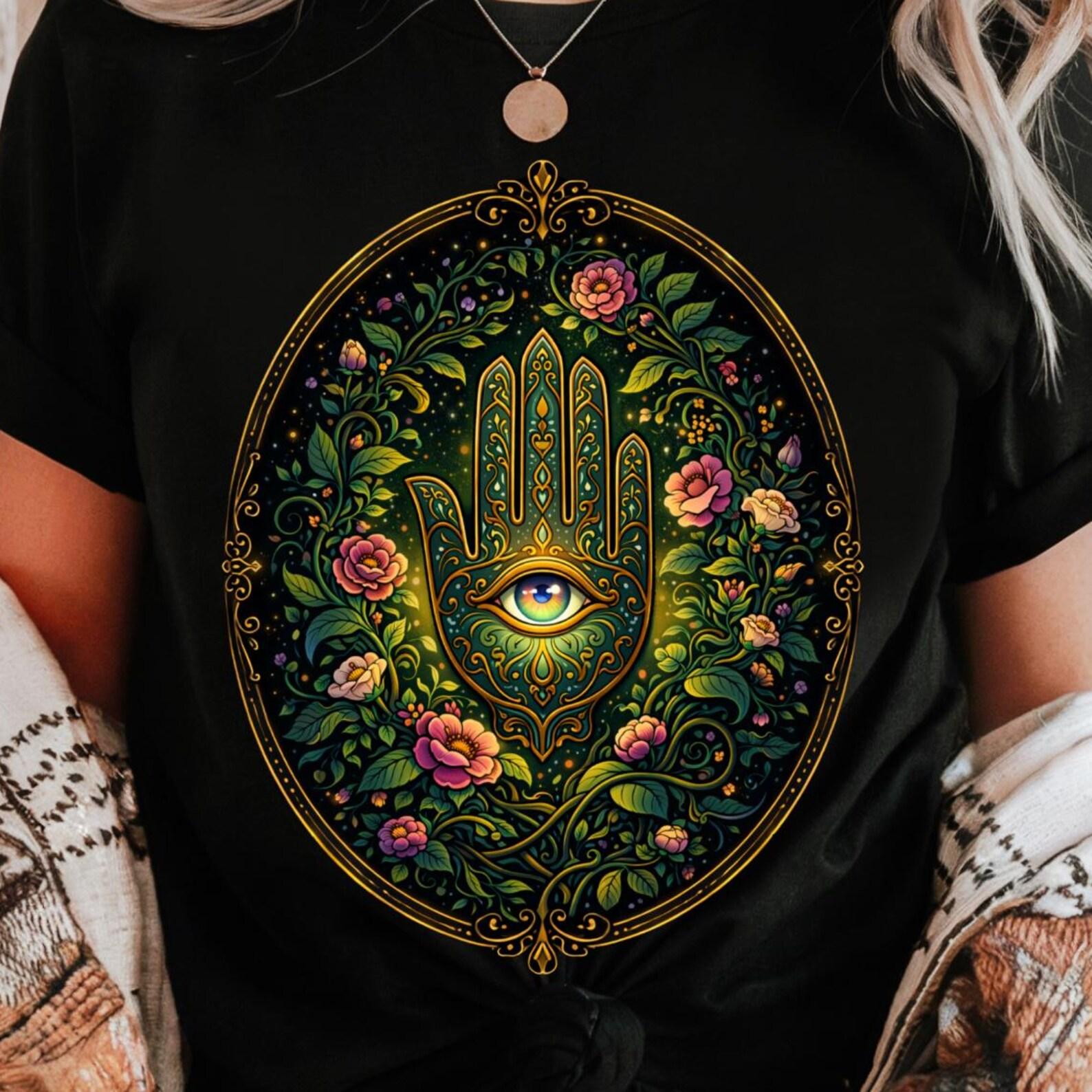 Hamsa Hand Shirt | Boho Floral Evil Eye Tee | Botanical Protection Symbol Print 2XL