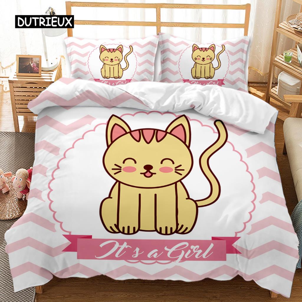 Zestaw poszewek na kołdrę z kotem Uroczy kreskówkowy zestaw pościeli dla chłopców i dziewcząt Wzór zwierzęcy Kot Królowa King Rozmiar Poliester Poszewka na kołdrę