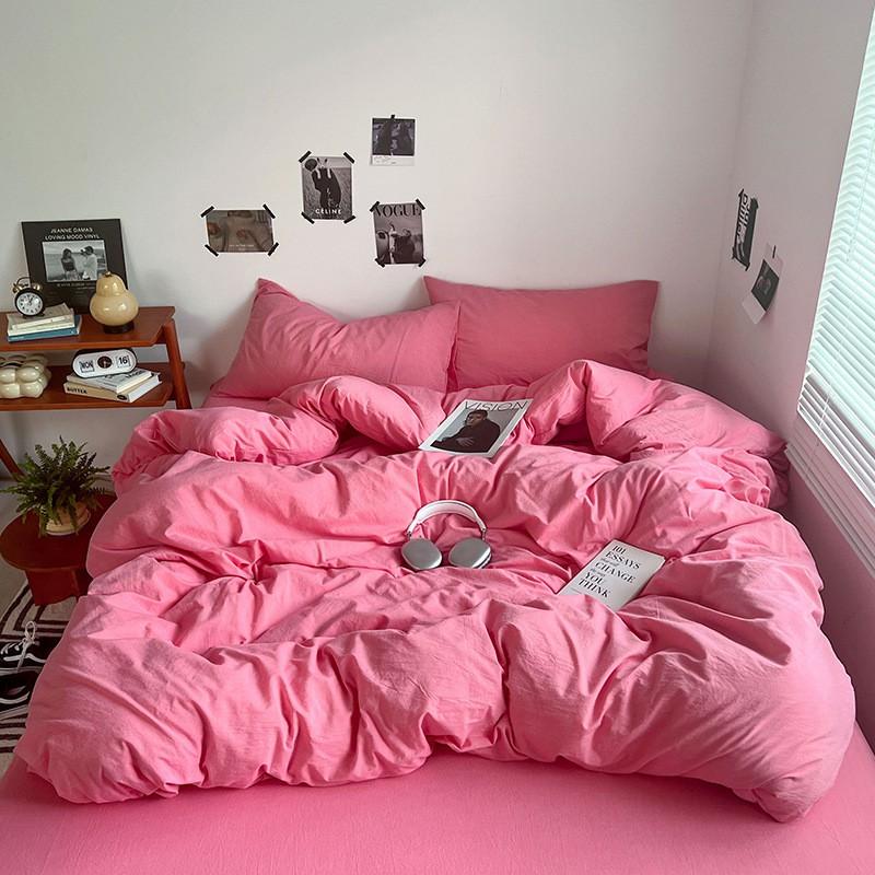 Washed Cotton Bedding Set Solid Color Brushed Bed Sheets Dorm Home