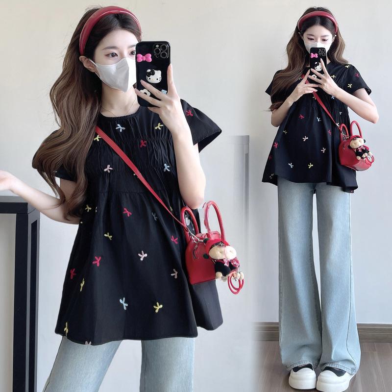 2026 Summer Maternity Embroidered Bow Doll Shirt - Gentle Short Sleeve Top XL
