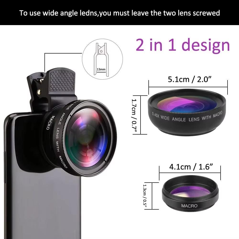 2 IN 1 Lens Universal Clip 37mm Mobile Phone Lens Professional 0.45X 49uv Super Wide-Angle + Macro HD Lens For Phone