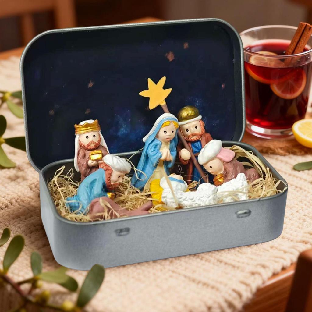 Christmas Decorative Religious 3D Ornament Portable Tin Nativity Scene Religious Figurines Decor For Desk Shelf Office Bedroom