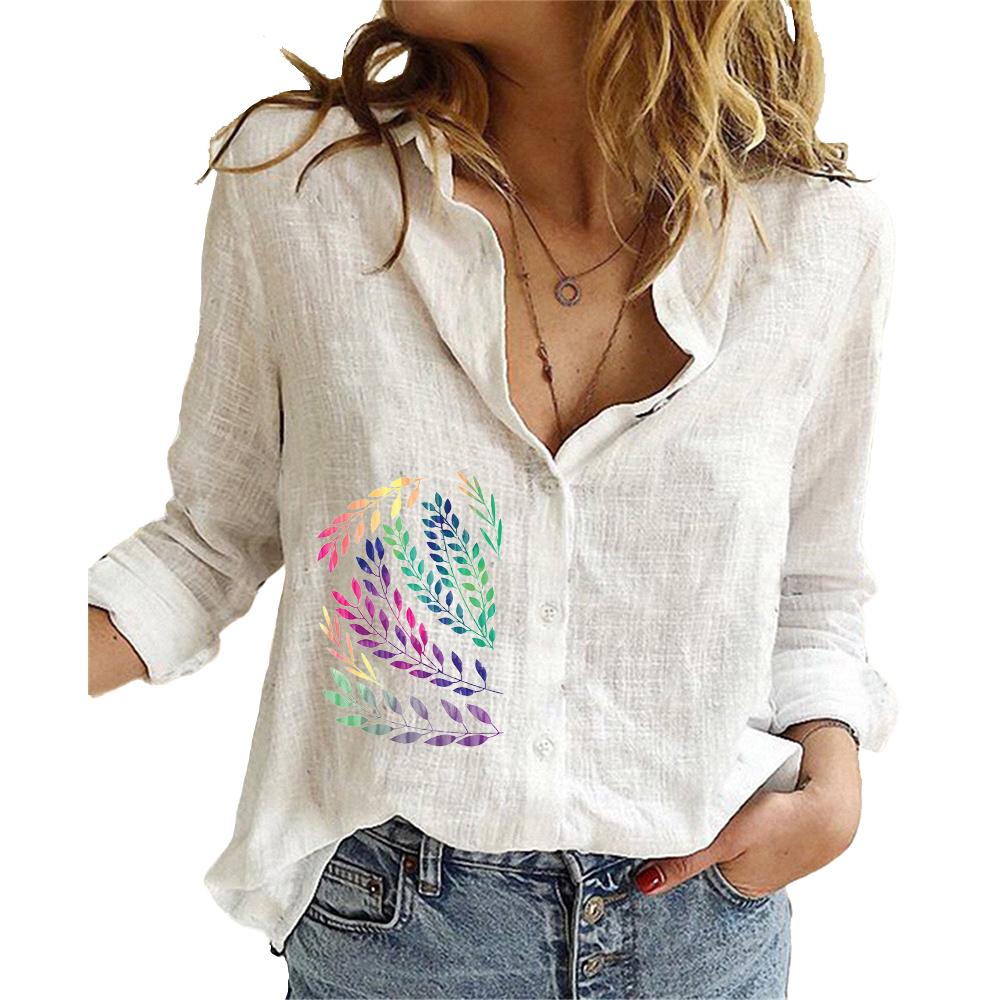 Women  Fashion Long Sleeve Top Cotton Linen Button-up Shirt Ladies Casual Print Blouses