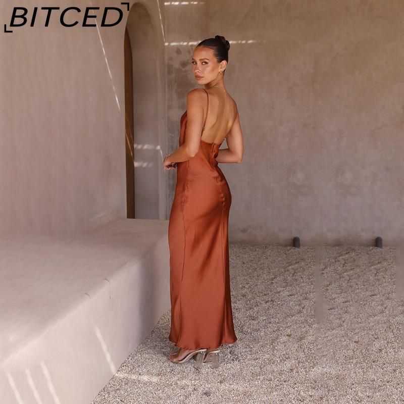 BITCED Women's Spring/Summer Strapless Deep V-Neck Slim-Fit Urban Chic Solid-Colour Dress