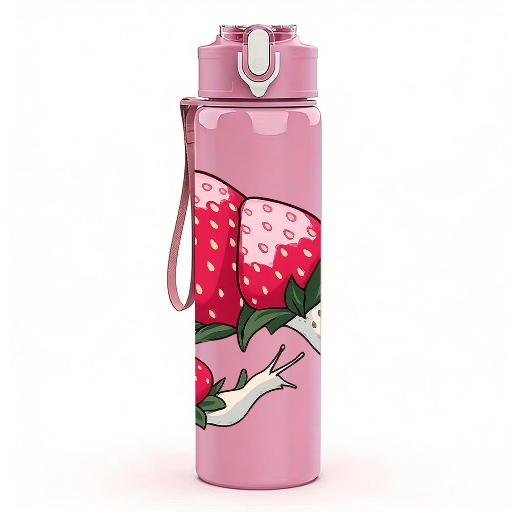 1PC Fresh Strawberry Pattern 750ml Color Plastic Sports Water Bottle Leakproof Flip Straw Lid Suitable for Sports Office Home Use