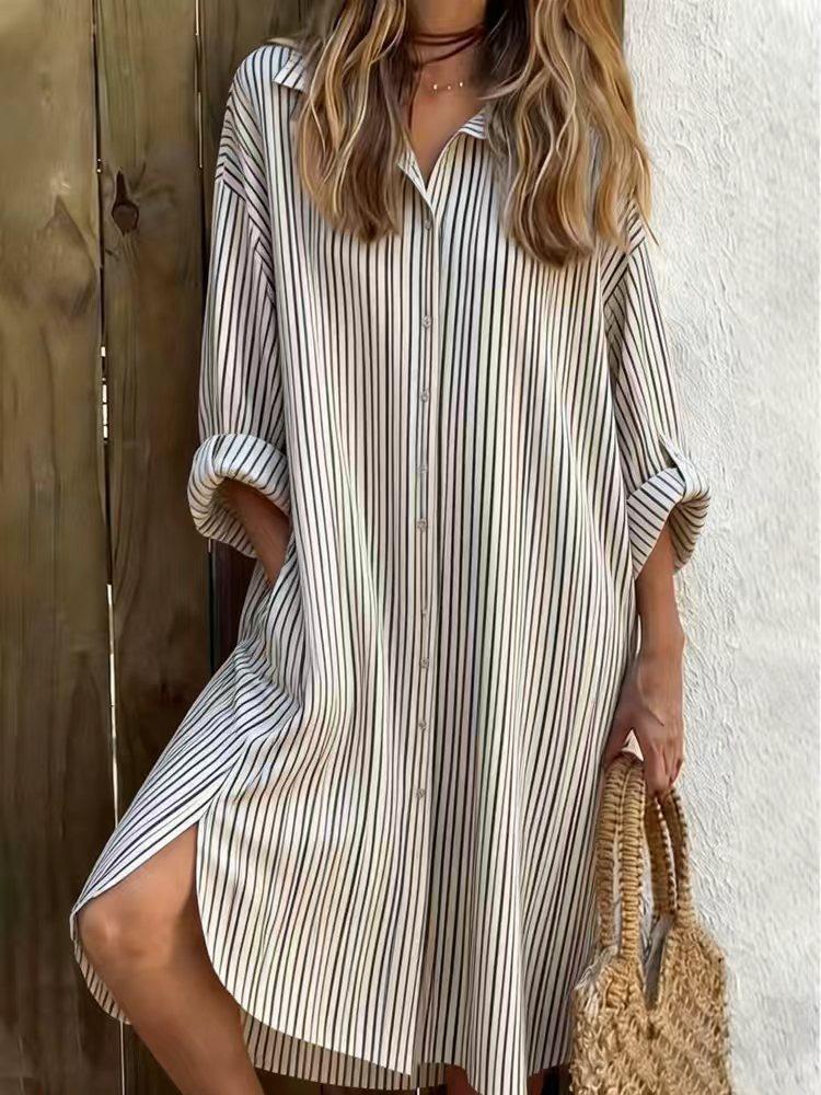 European, American spring and summer independent station new casual loose printing short-sleeved shirt dress S