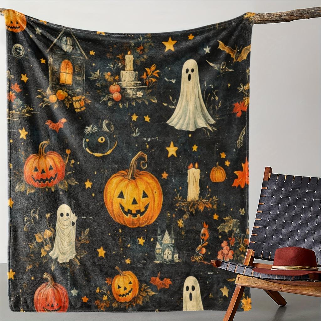 Vintage Halloween Flannel Throw Blanket Ghost and Pumpkin Print Ideal for Couch Bed Seasonal Gift