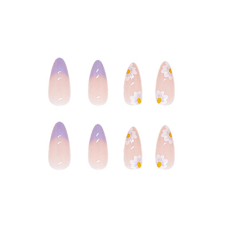 Artificial Nails Wear Manicure Taro Purple Colorful Flower Drop Shape Long and White Manicure