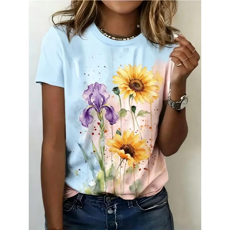 Fashion Women's Crew Neck Short Sleeve 3D Casual Color Printing Casual Short Sleeve Crew Neck T-Shirt