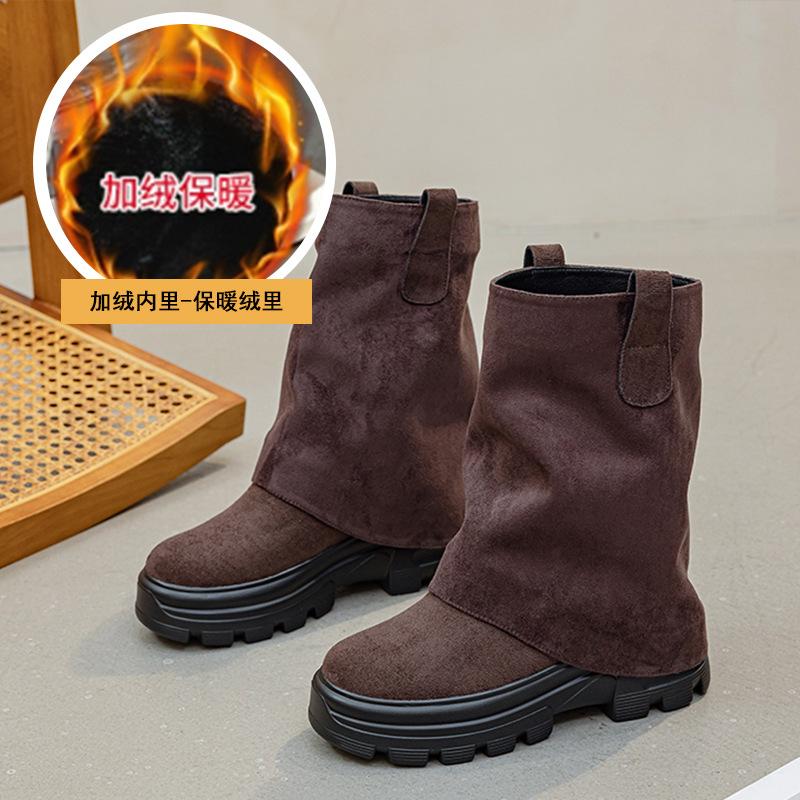 8CM Thick-soled Two-wear Removable Trouser Tube Boots Women's Autumn and Winter Double-layer Irregular Folds Design Sense Niche Tide