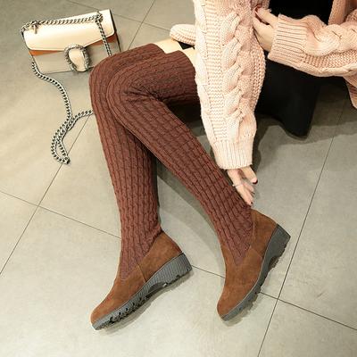 Fashion Winter New Fashion Long Over Knee Boots Women's Round Toe Wedge Wool Long Knit Elastic Boots
