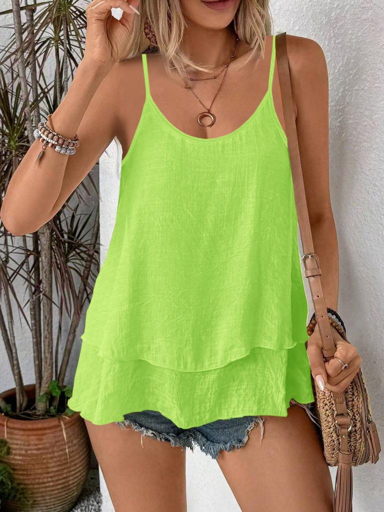 Canottiera Cami Casual da Donna Taglie Forti, Monocolore, Doppio Strato, Svasata, Spalline Sottili