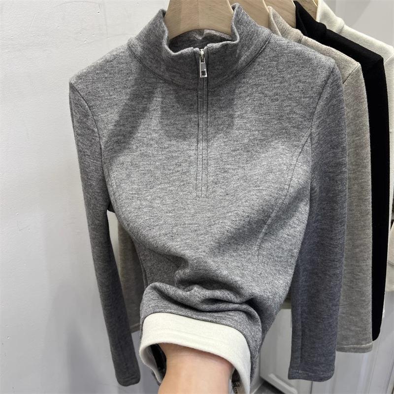 

Однотонная толстовка с длинными рукавами из немецкого бархата, имитирующая двойку, для женского осенне-зимнего сезона, облегающая, на полумолнии, базовый топ 2XL серый