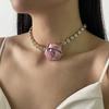 French Retro Fabric Rose Necklace, Romantic Light Luxury Diamond Flower Design Collarbone Chain
