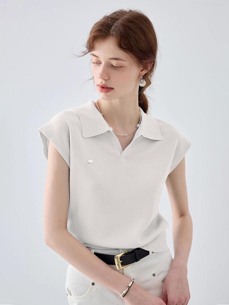Blue linen tencel lapel knitted short-sleeved women's new summer temperament short polo shirt and top
