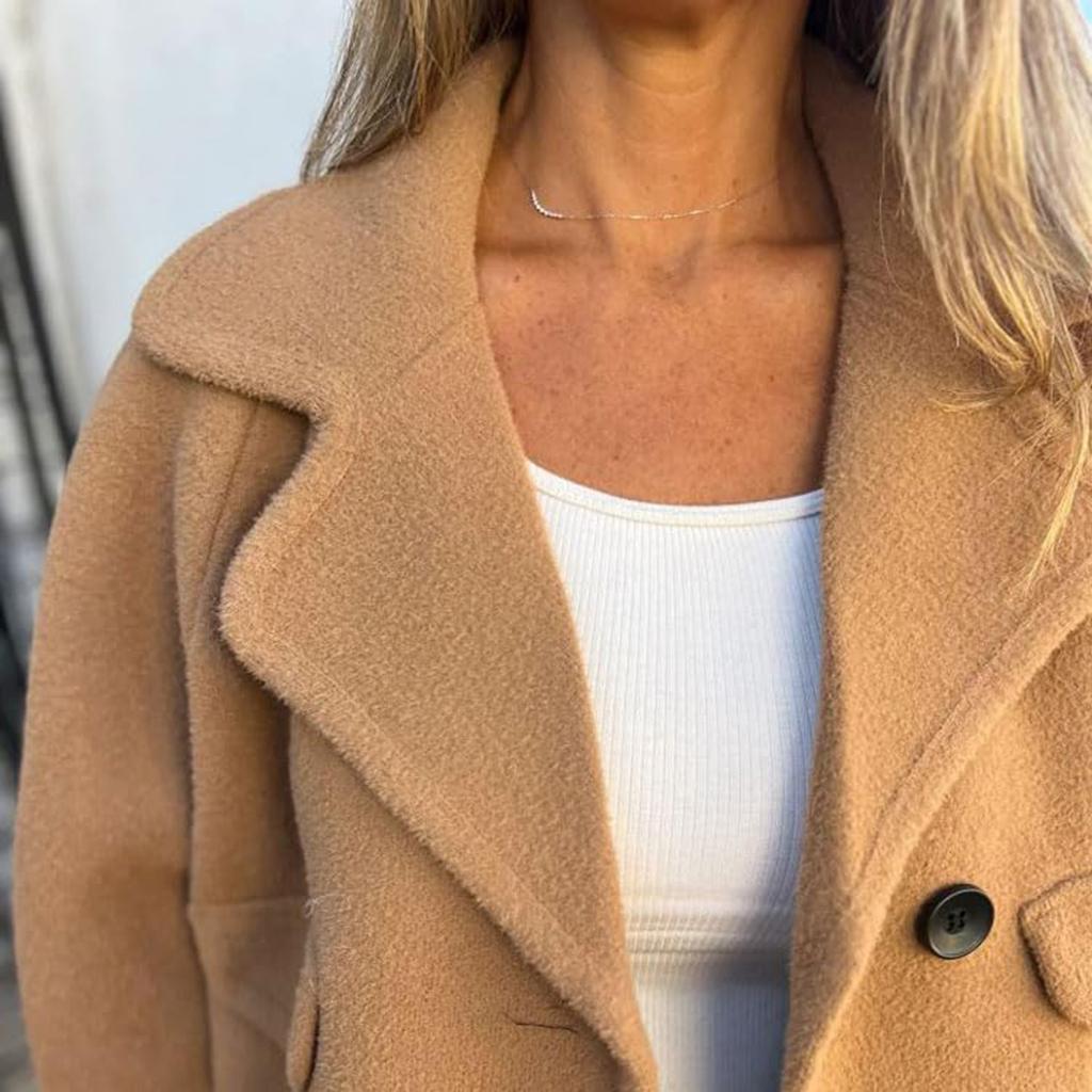 Women's Fashionable Solid Color Long Sleeved Casual Lapel Button Down Woolen Coat