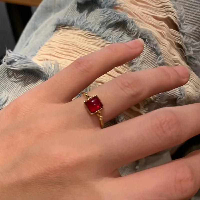 LATS Vintage Gothic Red Crystal Cross Geometry Open Rings for Women Y2k Punk Creative Grunge Jewelry Accessories Gift