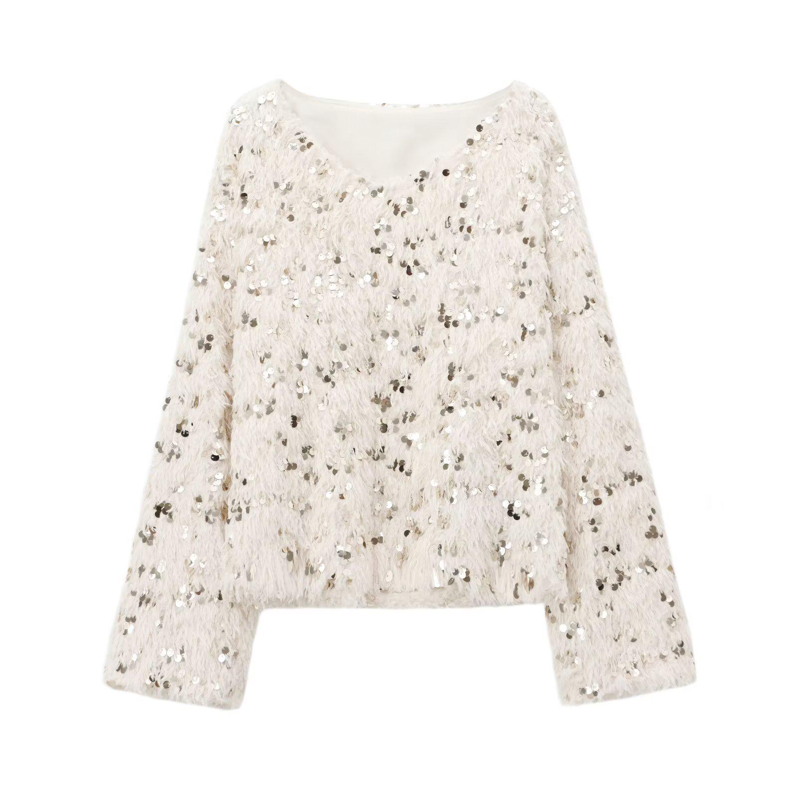 

2025 Весенняя женская уличная мода Свитер с перьями и пайетками 1344 Small