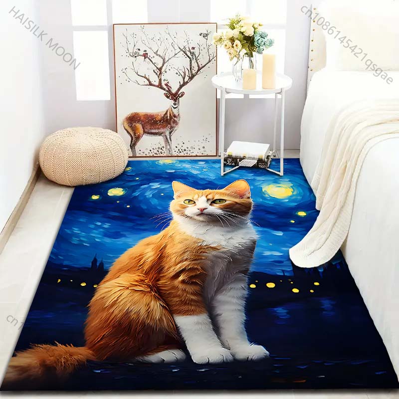 1 st Katt Orange Stjärnklar Natt Bakgrund Matta för Vardagsrum Sovrum Soffa Heminredning Rus Halkfri Golvmatta Lyxig Gåva