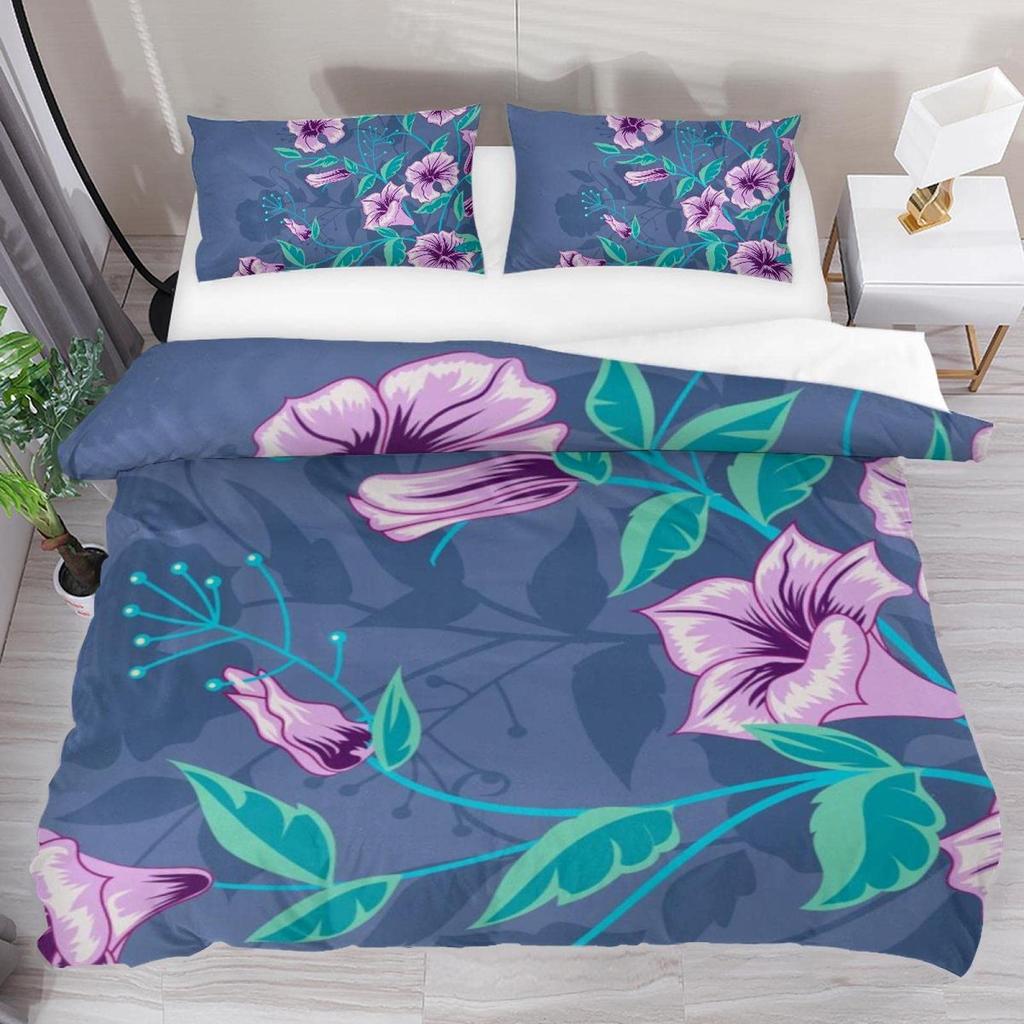 Morning Glory Duvet Cover for Girls Women,Purple Floral with Branch Quilt Cover Set King/Queen Size with Two Pillowcases,White