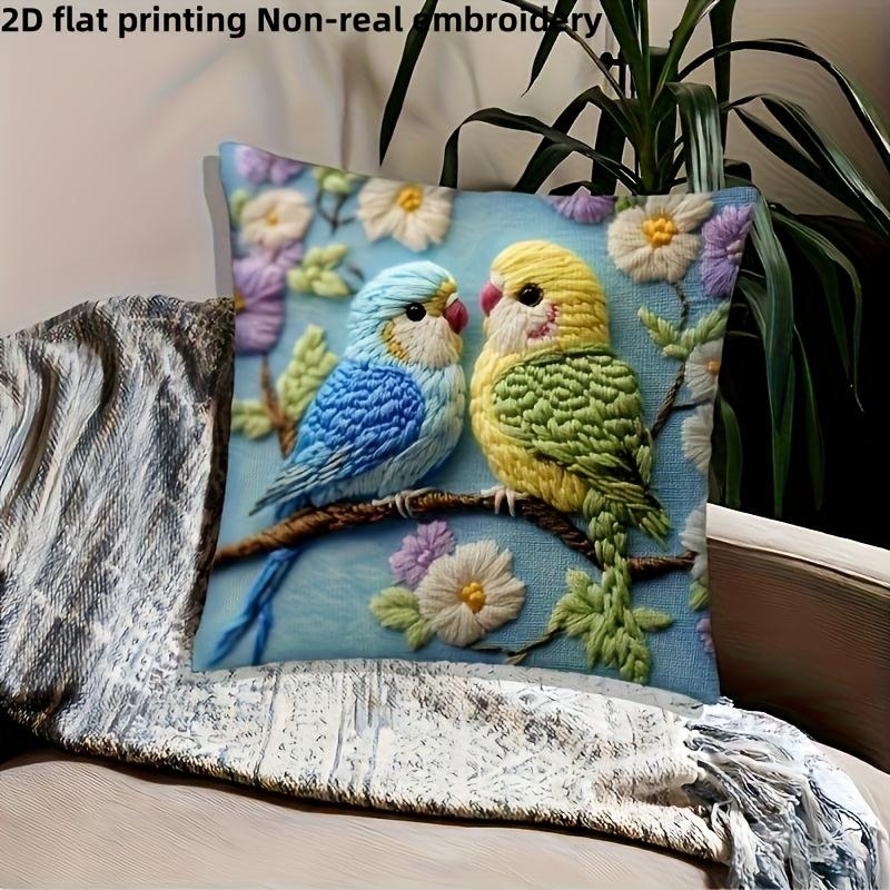 2D flat- 3D Embroidery Style Lovebirds Throw Pillow Cover Cute Floral Couple Parakeet Cushion Case for Home Bedroom Sofa Decor