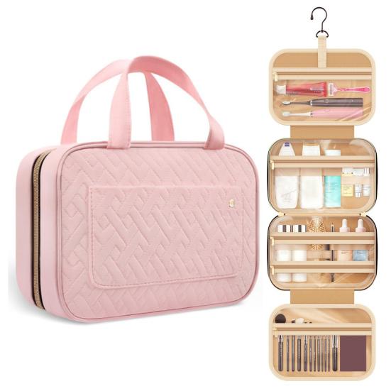 

Складная сумка для туалетных принадлежностей Косметический органайзер с ручкой на молнии Большая вместимость Несколько отделений Разделение для влажной и сухой транспортировки розовый