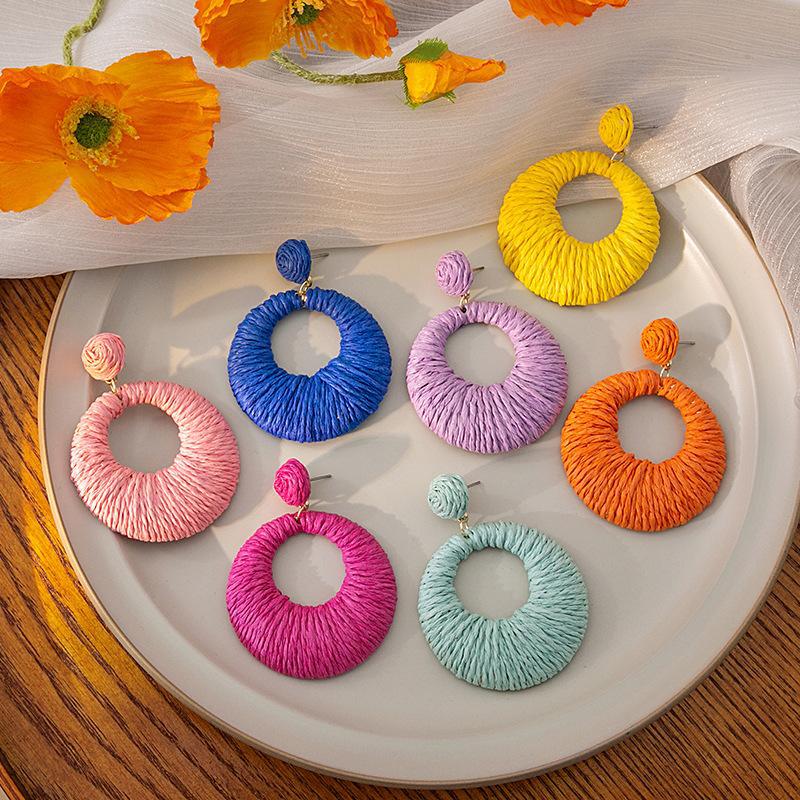 

Bohemian Holiday Style Colorful Raffia Woven Round Hollow Earrings for Women