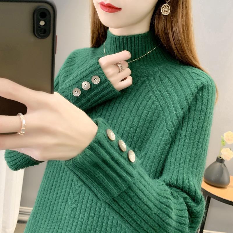 Women's Semi High Neck Sweater Women's Base Sweater Loose Thick Short Knit Sweater