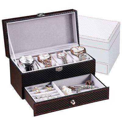 2 niveaux 4 fentes boîte de montre stockage hommes femmes PU cuir montre organisateur bijoux vitrine organisateur avec tiroir à bijoux
