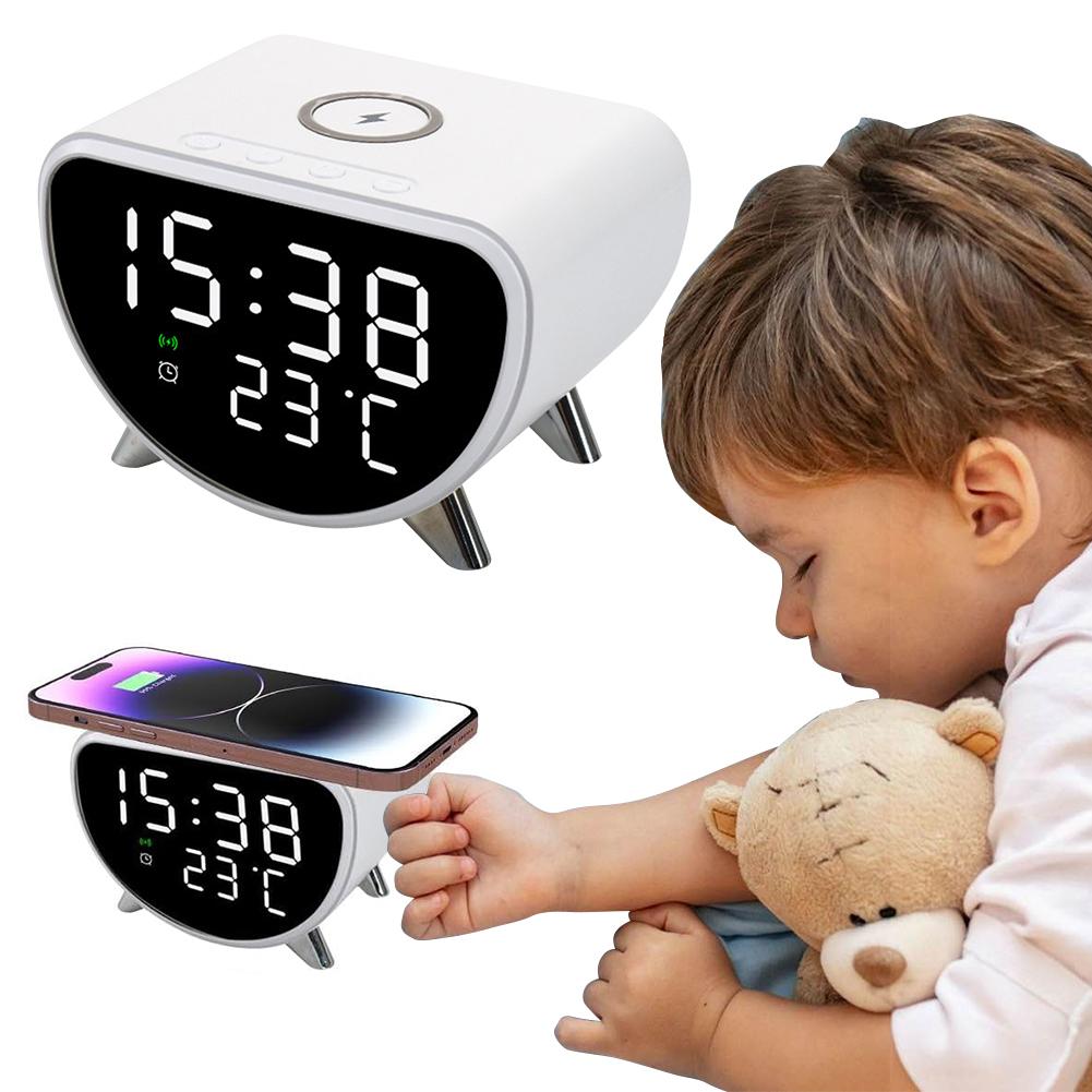 Digital Alarm Clock with Wireless Charging with Temperature Meter 15W Fast Wireless Charger Station for Bedrooms